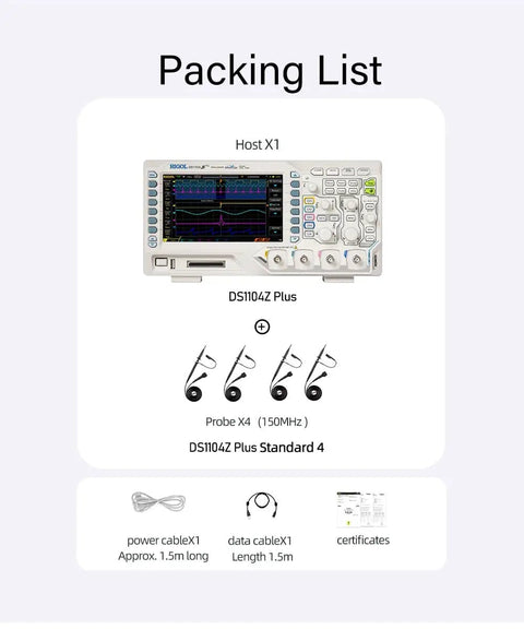 Packing list for Monster Four Channel 100 MHz Digital Oscilloscope With 25 MHz Signal Source, includes probes and cables.