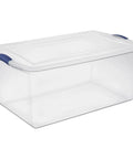 Super Size 105 Quart Clear Plastic Storage Bin With Blue Latching Lid For Big Hauls And House Decluttering, clear storage solution