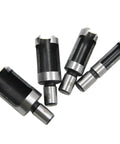 Kickass Eight Piece Wood Plug Cutter Drill Bit Set offering straight and tapered options displayed at various angles.