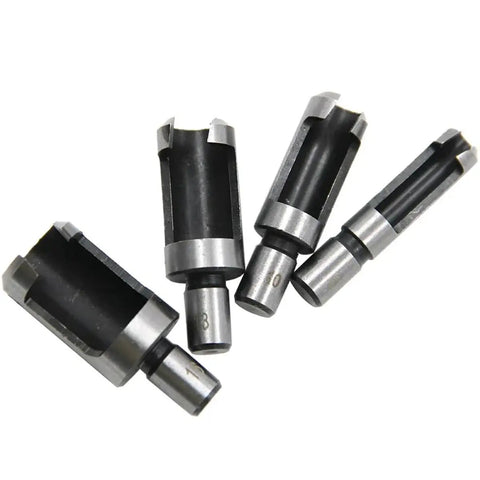 Kickass Eight Piece Wood Plug Cutter Drill Bit Set offering straight and tapered options displayed at various angles.
