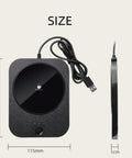 Solidly Built Wireless Charging Mug Warmer And Desk Phone Base With Auto Shut Off in classic black, showing dimensions and USB cable.