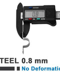 Digital caliper measuring a stainless steel U-shaped conduit clamp used for cylindrical components