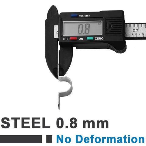 Digital caliper measuring a stainless steel U-shaped conduit clamp used for cylindrical components