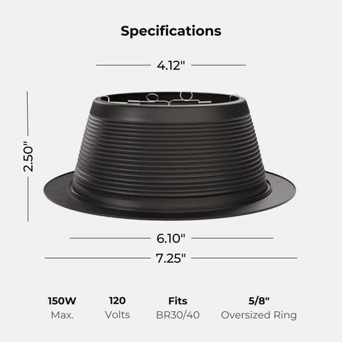6 Inch Stepped Black Baffle Trim With 7.25 Inch Plastic Ring For PAR 30 PAR 38 R30 R40 BR30 BR40 Bulbs Replaces Halo And Juno Light Covers With Clip In Springs 6 Pack, showing product dimensions and specifications