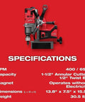 No Sweat Cordless Magnetic Drill Kit For Professional Linemen Featuring A Heavy Duty Brushless Motor And One Point Five Inch Capacity, specifications with capacity and dimensions.