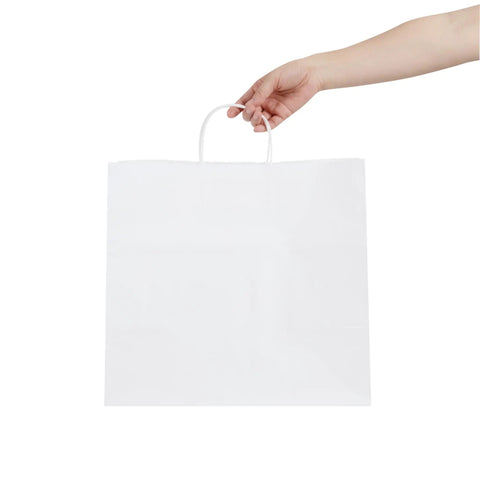 Sturdy White Paper Shopping Bags With Handles 14.2 By 8.3 By 13.2 Inches 100 Pack Durable Grocery Gift Bags being held by a hand