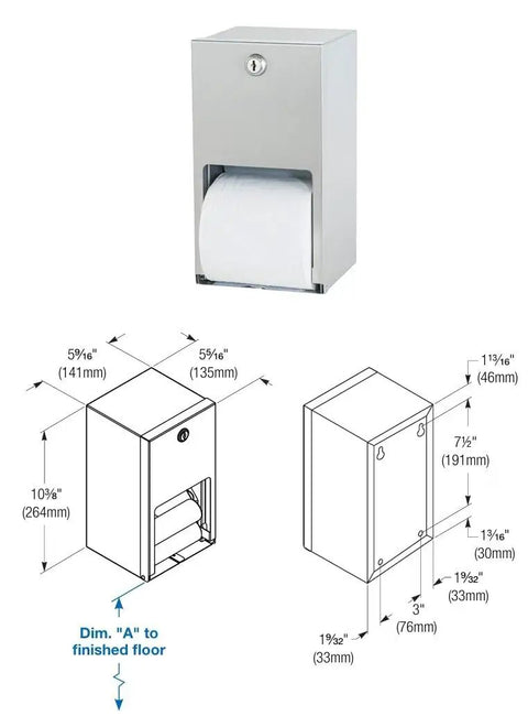 22 Gauge Stainless Steel Surface Mounted No Fuss Dual Roll Toilet Tissue Dispenser With Hinged Door And Tumbler Lock ADA Compliant Keeps Spare Roll Locked Until First Roll Is Used