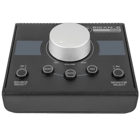 Front view of Big Knob Passive 2x2 Studio Monitor Controller with mono, mute, dim features, dual source, and monitor outputs.