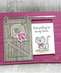 Card design using Door Background Clear Stamp And Die Set For Scrapbooking And Card Making, featuring a cute cat illustration.