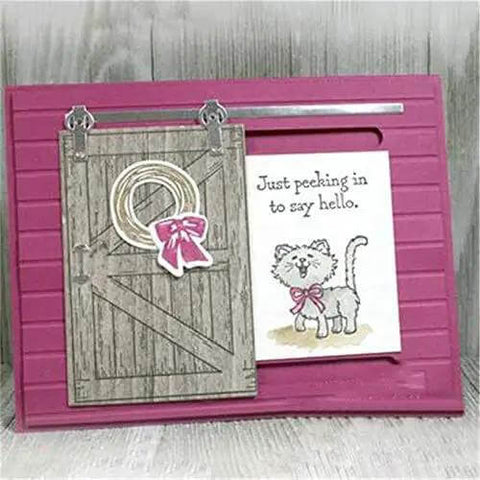 Card design using Door Background Clear Stamp And Die Set For Scrapbooking And Card Making, featuring a cute cat illustration.