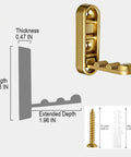 Heavy Duty Foldable Wall Hooks Set Of Two Knockout Gold Finish Built To Rock With Super Sturdy Zinc Alloy Mounts Effortlessly For Towels Coats And Gear Smart Flip Saves Prime Real Estate dimensions with extended lip and screws.