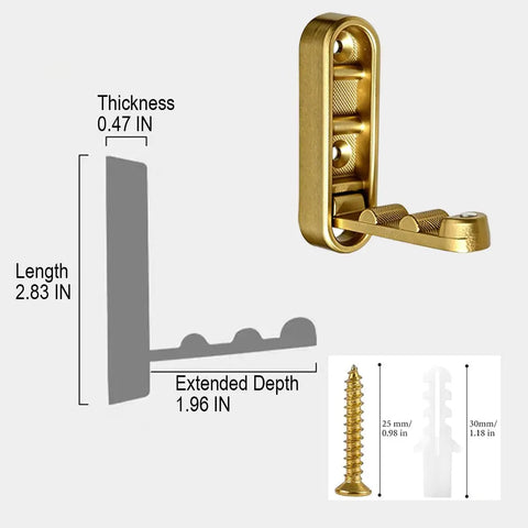 Heavy Duty Foldable Wall Hooks Set Of Two Knockout Gold Finish Built To Rock With Super Sturdy Zinc Alloy Mounts Effortlessly For Towels Coats And Gear Smart Flip Saves Prime Real Estate dimensions with extended lip and screws.