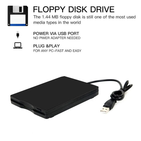 External USB 3.5 Inch Floppy Disk Reader Portable 1.44 MB FDD For PC Laptop Plug And Play Compatible With Windows 11 10 8 7 XP And Linux No Driver Needed For Accessing Legacy Floppy Data, black USB cable