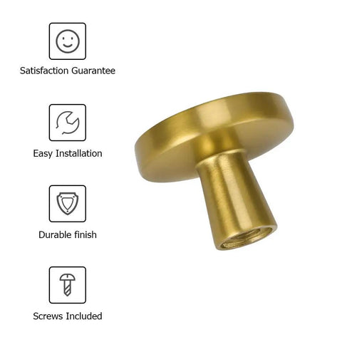 Gold knob display showing satisfaction guarantee, easy installation, durable finish, and screws included icons.