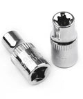 Must-Have 6 Piece E Socket Set For Auto Repair. Tough Heat Treated Steel Bits Covering E4 To E10 Star Female Bolt Removal. Perfect Mechanic Kit Tool Gear! two chrome E7 Torx sockets