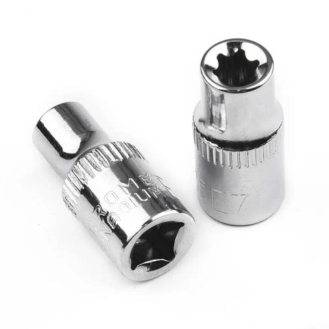 Must-Have 6 Piece E Socket Set For Auto Repair. Tough Heat Treated Steel Bits Covering E4 To E10 Star Female Bolt Removal. Perfect Mechanic Kit Tool Gear! two chrome E7 Torx sockets