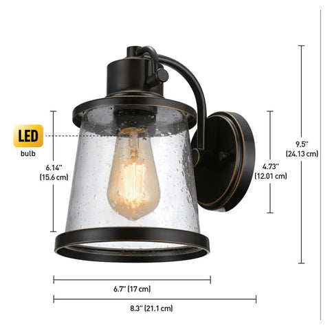 Oil Rubbed Bronze Outdoor Indoor Wall Sconce With Seeded Glass Shade No Fuss Easy Install 1 Light LED 500 Lumens Dimmable