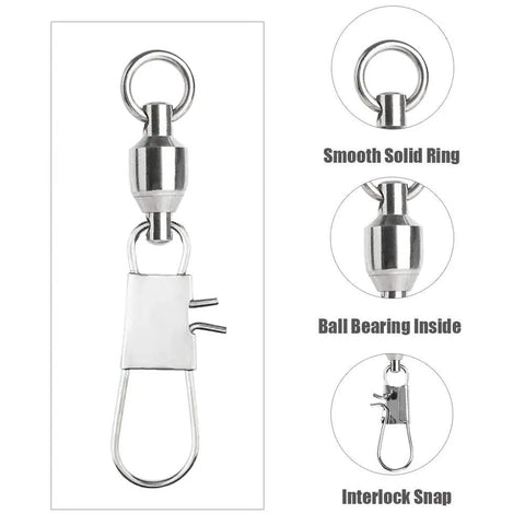 Beefy Stainless Steel Ball Bearing Snap Swivels For Fishing Heavy Duty Saltwater Interlock Tackle Snaps With Smooth Rotation 18.3 Pound Load Rating 25 Pack Line Connectors For Lures And Rigs, stainless snap swivel close-up