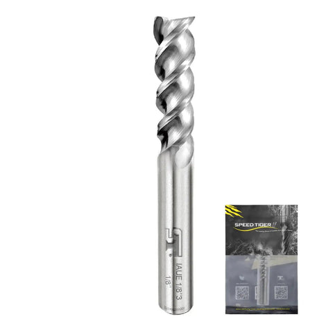 Carbide Square End Mill 3 Flute One Eighth Inch High Feed U Type Design For Roughing And Finishing Aluminum Milling Copper Alloys Pro Grade Workhorse Mill Bits Sets, showing side view.