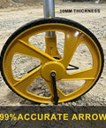 Close-up of the yellow wheel of the Solid Setup Smart Measuring Wheel With Bluetooth App Mapping And Backlit Lcd Screen For No Stress High Precision Survey Work And Snazzy Cad File Export Options, showing 10mm thickness.