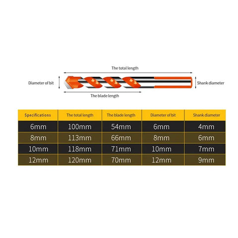 Triangular Tungsten Steel Drill Bit Featuring A Threaded Shank To Knock Out Clean Holes Through Concrete Marble Hardwood And Drywall, size chart image.