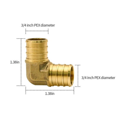 25 Pack 3/4 Inch Brass PEX Elbow Fittings Set For PEX Tubing with dimensions; Durable Plug And Play 90 Degree Connectors
