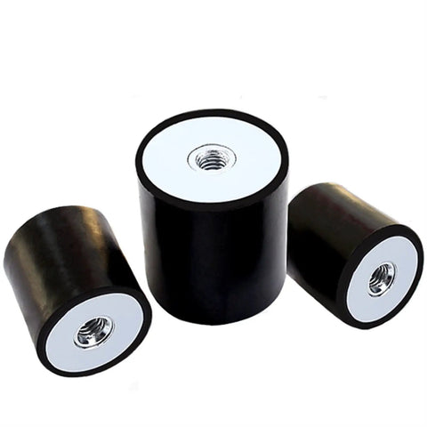 Rock Solid Rubber Vibration Isolators And Shock Absorbing Mounts That Crush Engine Rattling Features M10 Female Thread Bobbin Damper Stud With A Hella Sturdy 50X50mm Base. Three black rubber mounts with a white top and M10 thread.