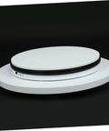 Stunning White Motorized Rotating Display Stand With Mirror Finish Turntable For Jewelry Watches Digital Gadgets And Collectibles 5Kg Capacity Smooth Spinning Showcase For Photography Retail Stores, side view.