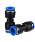 Two black plastic push-to-connect straight tube union fittings with blue collars, 4mm OD.