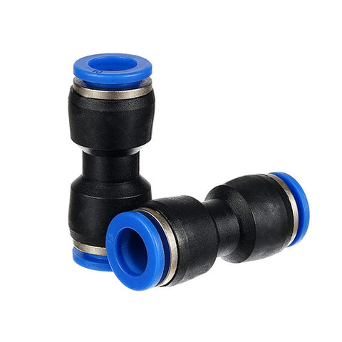 Two black plastic push-to-connect straight tube union fittings with blue collars, 4mm OD.