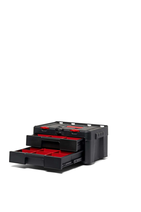 Four Piece Rolling Tool Storage System With Large Rolling Toolbox And Two Drawer Toolbox And Two Tray Organizers shown partially open