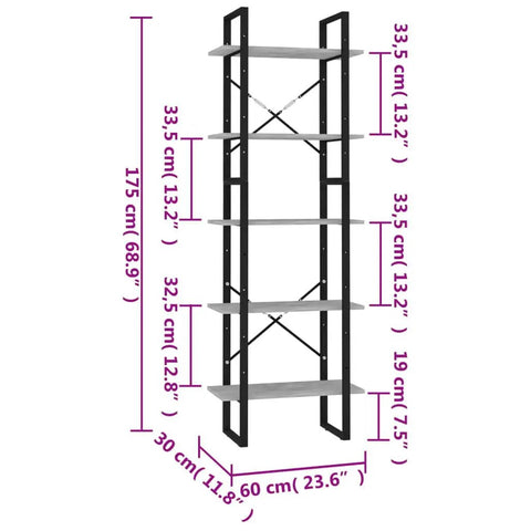 5 Tier Industrial Bookcase Tall Concrete Grey Bookshelf With Black Metal Frame Built To Last Adjustable Shelves 68.9 Inch High