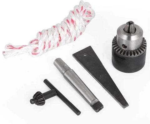 Heavy Duty Magnetic Drill Press Featuring 13000N Magnet Grip tools including rope, spindle, chuck, and accessories for precision work.