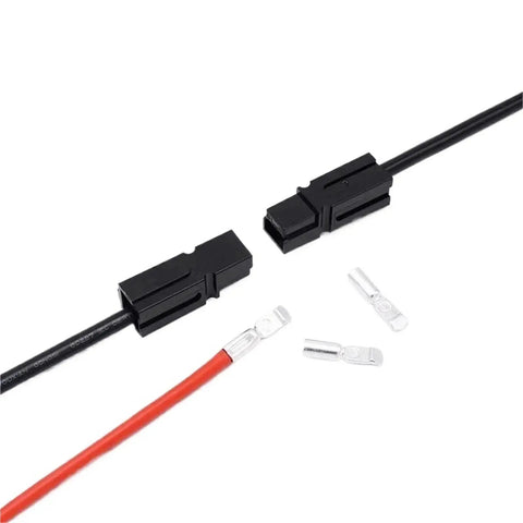 Heavy Duty Anderson Style SB30 Plug 30A DC Battery Connector 600V Quick Connect For UPS Solar And Electric Vehicle Builds showing black plugs and red wire.