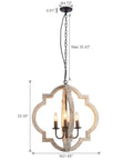 Rustic Wood Orb Pendant Light 4 Light Candle Chandelier With Adjustable Chain, 21.65in diameter, 23.35in height with measurements visible