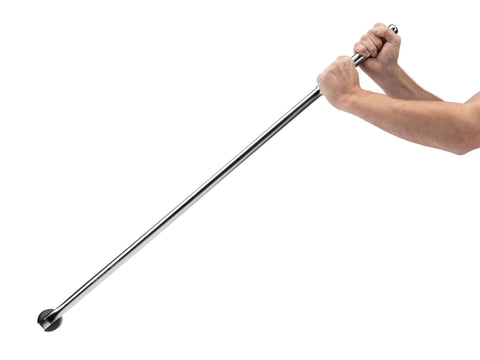 Hands holding 40 Inch Breaker Bar With Three Quarters Inch Drive Pivoting Head Swivels Through 230 Degrees Internal Spring Locks Into Place AISI 4140 steel