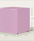Slick Compact Upright Freezer Featuring Adjustable Temperature Settings Removable Shelf Reversible Door For Tight Kitchens Hella Tough Steel Frame With Fun Ice Cube Making Gear For Busy Households in pink with dimensions.