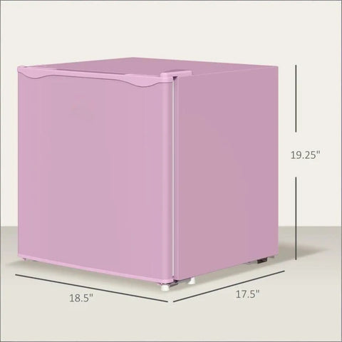 Slick Compact Upright Freezer Featuring Adjustable Temperature Settings Removable Shelf Reversible Door For Tight Kitchens Hella Tough Steel Frame With Fun Ice Cube Making Gear For Busy Households in pink with dimensions.