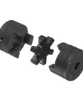 Flexible Three Piece L Jaw Coupling Set For Half Inch To One And One Eighth Inch Shafts With Buna N NBR Rubber Spider disassembled view