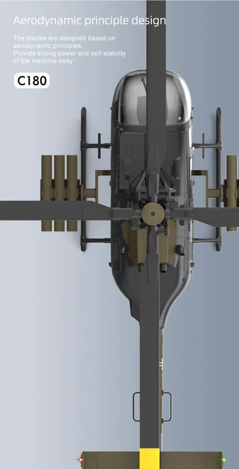 Top view of Advanced RC Helicopter C180 Style Flybarless 6CH With Dual Brushless Motors Altitude Hold, in camouflage design.