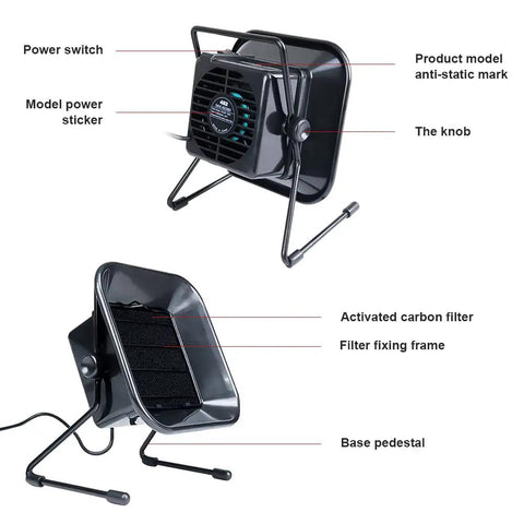 Beefed Up Pro Grade Solder Fume Extractor with 3500 RPM Quiet Fan and 60 M3 Airflow, showing power switch and activated carbon filter.