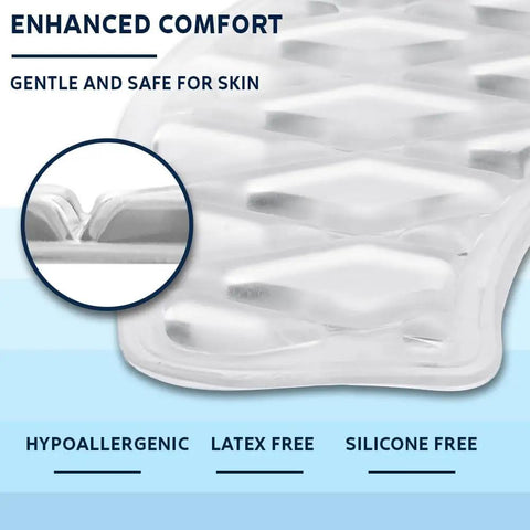 Close-up of white gel toilet seat cushion, hypoallergenic, latex free, silicone free, for seniors with enhanced comfort