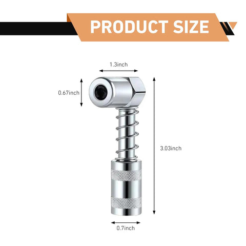 90 Degree Grease Coupler Adapter For Heavy Duty Grease Guns 3 Jaw Spring Lock Steel Fittings with dimensions labeled