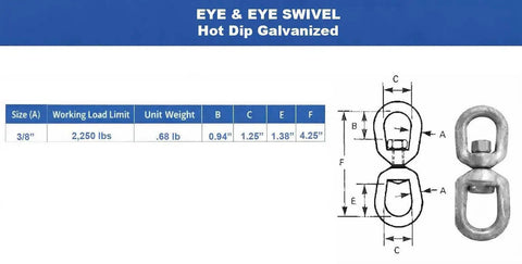 Workhorse Eye Eye Swivel Hook Rated At Two Thousand Two Hundred Fifty Pounds Working Load Limit Drop Forged In Hardened Galvanized Steel dimensions chart.