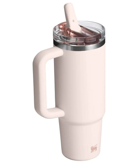 Solid Double Wall Vacuum Insulated Flip Straw Travel Tumbler With Secure Leakproof Lid Keeps Drinks Ice Cold All Day Long Rose Quartz Thirty Ounce Portable Cup For Gym Hiking And Daily Grind with a sturdy handle and clear lid.