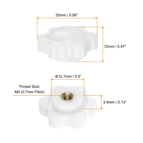 10 Pack M4 Star Knobs With 25mm White Head Non-Through Hole Brass Insert Screw-In Hand Knobs For Clamping, DIY Projects