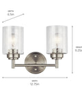 Winslow 12.75-Inch Vanity Light In Brushed Nickel, 2-Light Transitional Bathroom Fixture With Clear Seeded Glass, dimensions shown
