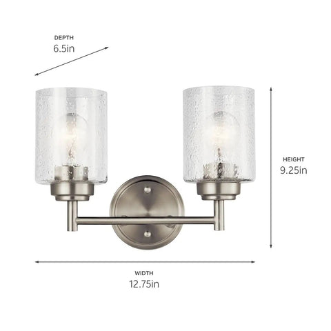 Winslow 12.75-Inch Vanity Light In Brushed Nickel, 2-Light Transitional Bathroom Fixture With Clear Seeded Glass, dimensions shown