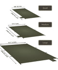 Three Ultralight Tent Footprints showing small, medium, and large sizes with dimensions, illustrating product variety.