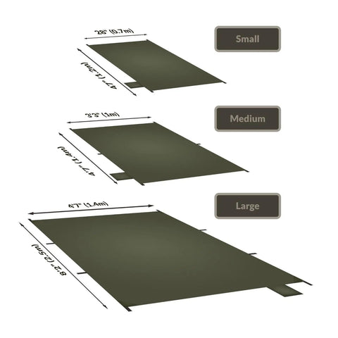 Three Ultralight Tent Footprints showing small, medium, and large sizes with dimensions, illustrating product variety.